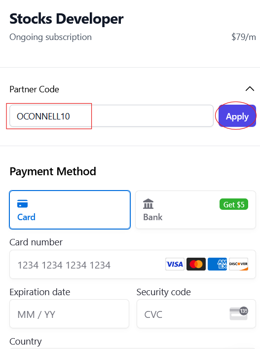 OCONNELL10 Polygon.io discount code entered in the Partner Code field.
