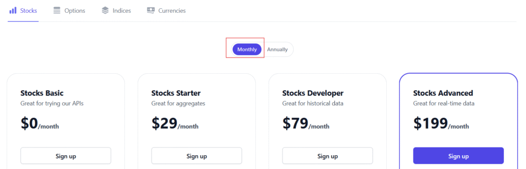 Monthly and annual billing options highlighted on the Polygon.io pricing page.