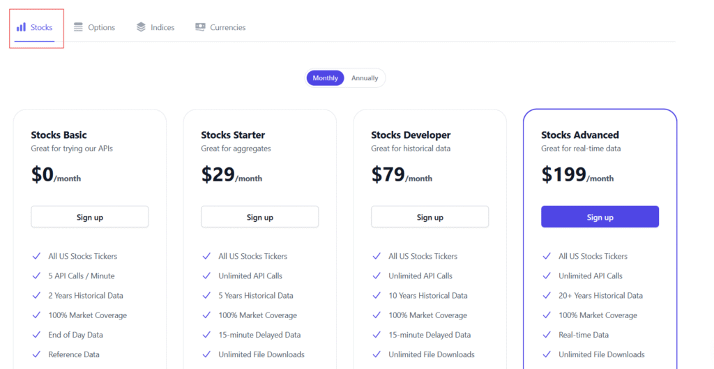 Polygon.io pricing page showing the available products.