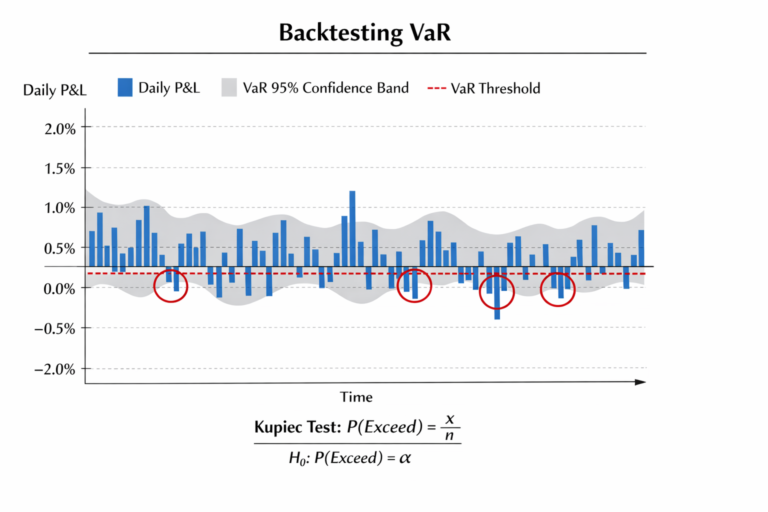 VaR backtesting time series showing actual losses versus VaR predictions