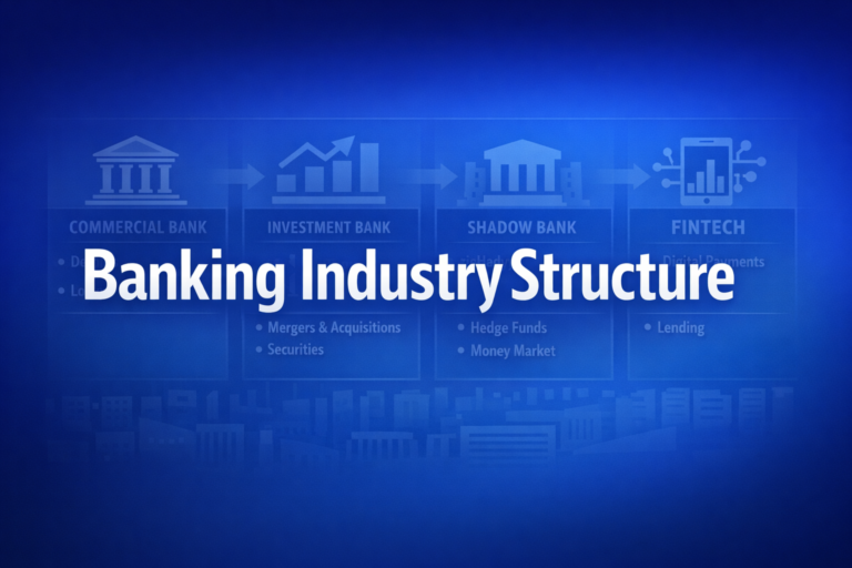 Professional finance illustration representing Banking Industry Structure: Commercial vs Investment Banking, Shadow Banking and Fintech