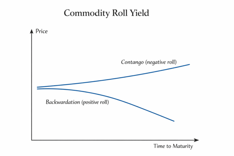 Commodity futures curve showing contango and backwardation with roll yield