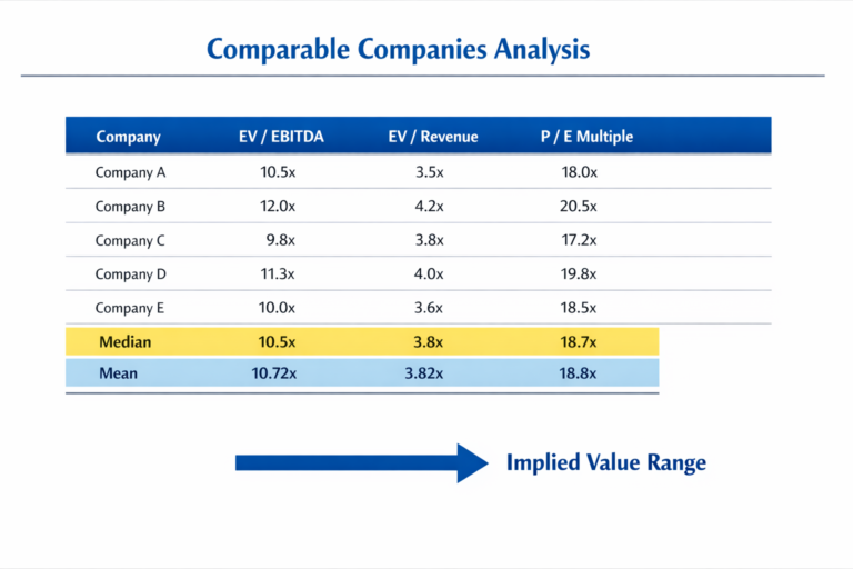 Comparable companies analysis showing trading multiples comparison across peer companies