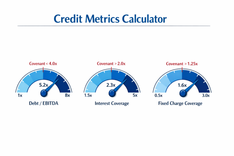 Leveraged finance credit metrics calculator showing Debt/EBITDA and interest coverage ratios