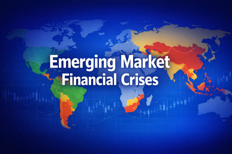 Professional finance illustration representing Emerging Market Financial Crises: Currency, Banking & Sovereign Debt Crises