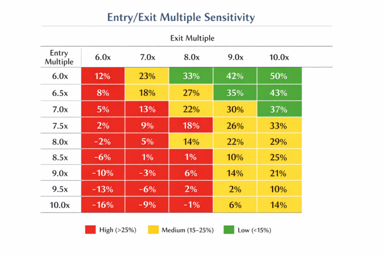 LBO sensitivity table showing IRR at various entry and exit EBITDA multiples