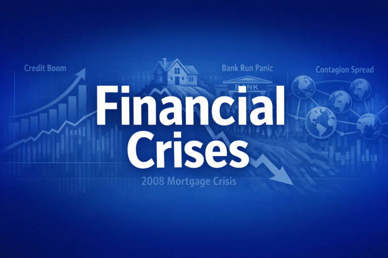 Professional finance illustration representing Financial Crises: Causes, Dynamics & the 2007-2009 Global Financial Crisis