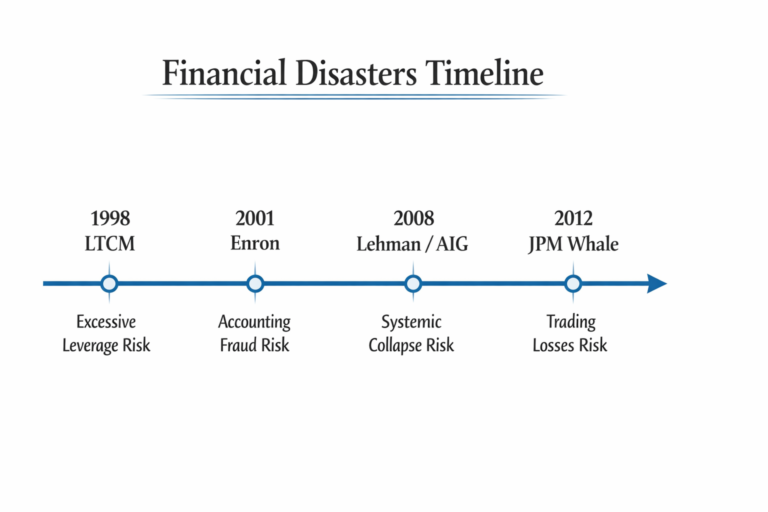 Timeline of major financial disasters from LTCM to 2008 crisis with risk lessons