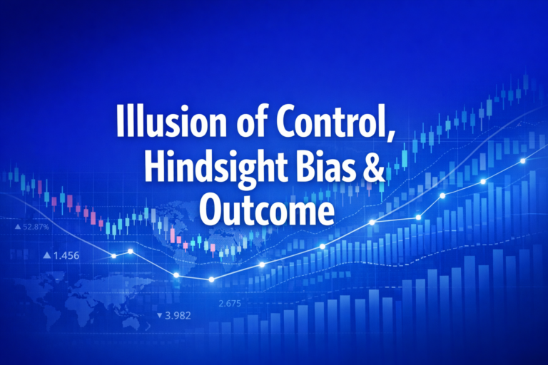 Professional finance illustration representing Illusion of Control, Hindsight Bias & Outcome Bias in Investing
