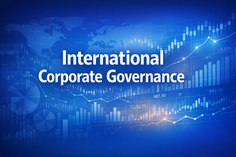 Professional finance illustration representing International Corporate Governance: Board Structures, Shareholder Activism & Governance Models