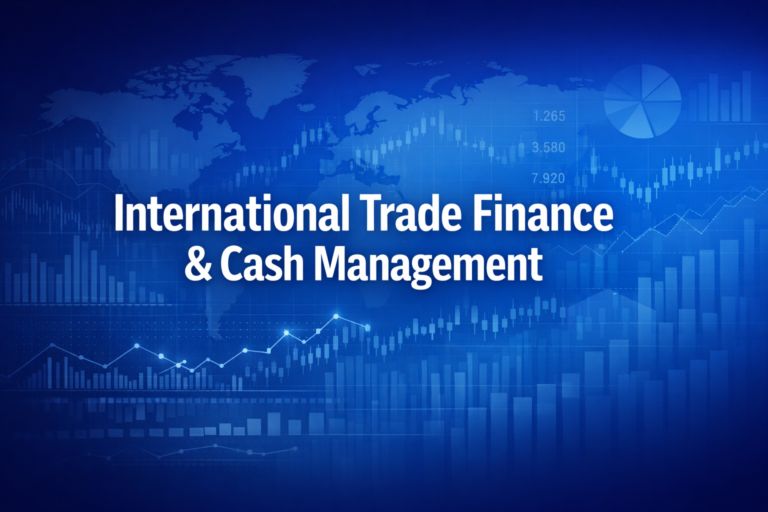 Professional finance illustration representing International Trade Finance & Cash Management: Letters of Credit, Short-Term Financing & Netting