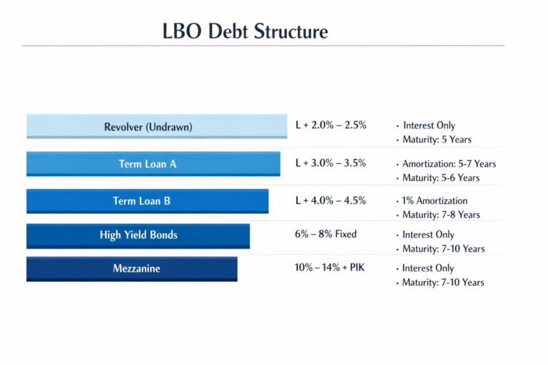 LBO debt structure showing term loan A, term loan B, revolver, and high yield bond tranches