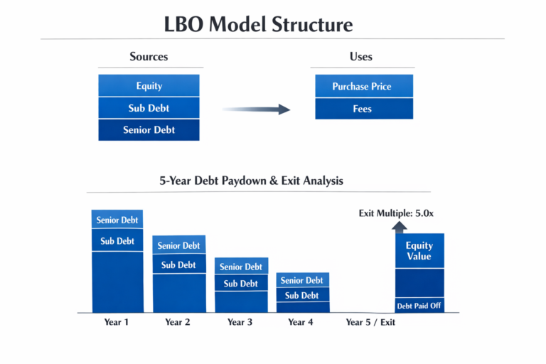 LBO model structure showing sources and uses of funds with debt paydown schedule