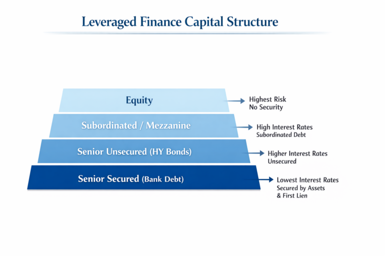Leveraged finance capital structure showing senior debt, high yield bonds, and equity layers