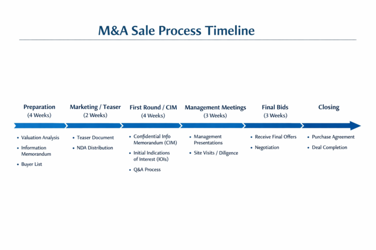 M&A sale process timeline showing teaser, CIM, management presentations, and final bids phases
