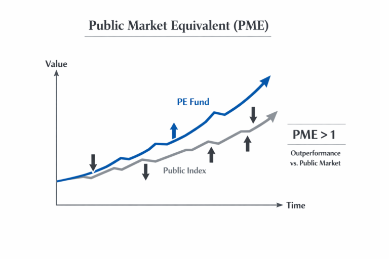 PME benchmark comparison showing private equity fund vs public market index