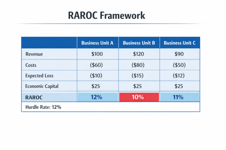 RAROC framework diagram showing risk-adjusted return measurement for business units