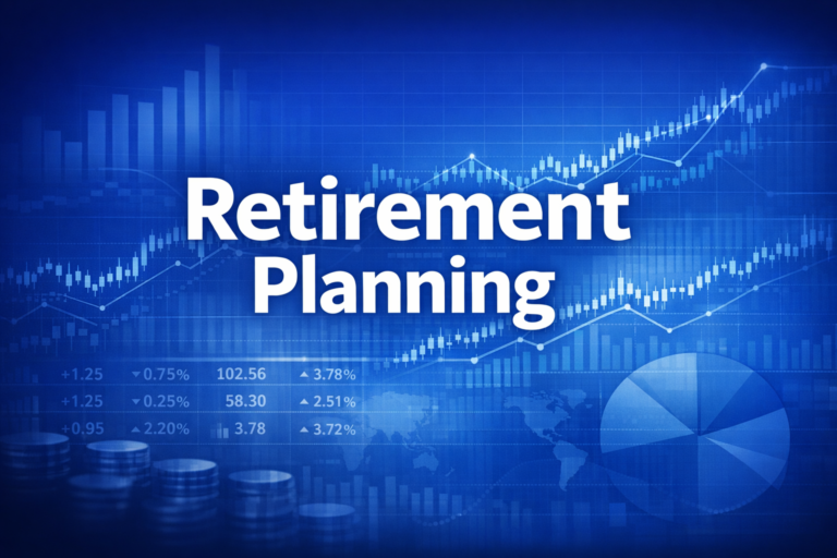 Professional finance illustration representing Retirement Planning: 401(k), IRA, Roth & How Much to Save