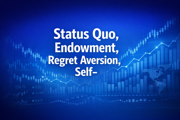 Professional finance illustration representing Status Quo, Endowment, Regret Aversion, Self-Control & Affinity Bias in Investing