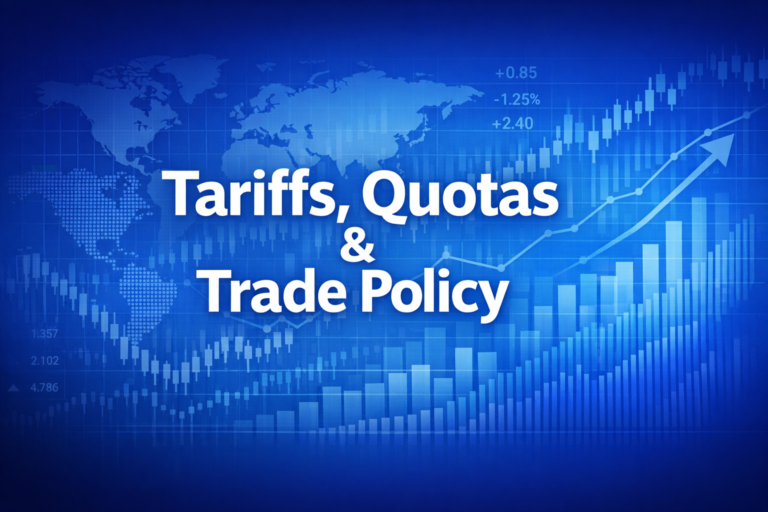 Professional finance illustration representing Tariffs, Quotas & Trade Policy