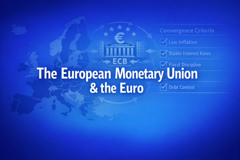 Professional finance illustration representing The European Monetary Union & the Euro: Benefits, Costs & Sovereign Debt Crisis