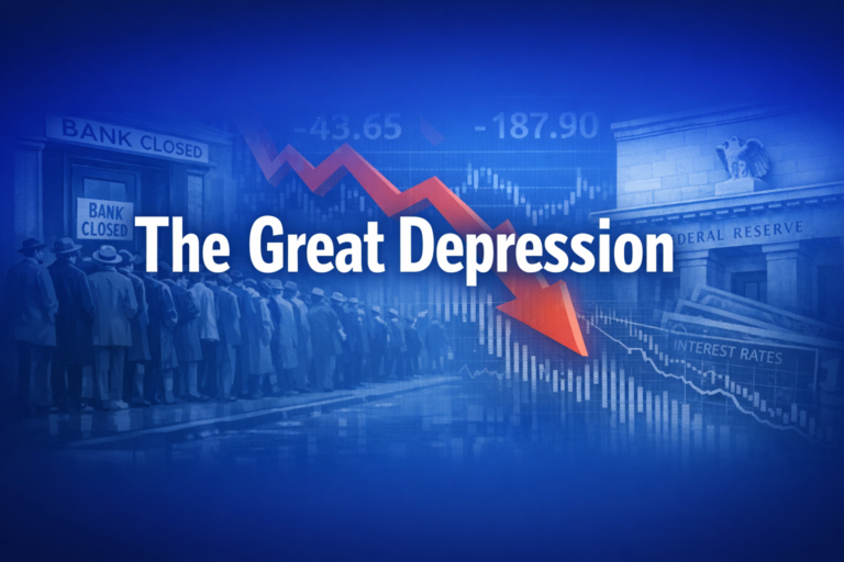 Professional finance illustration representing The Great Depression: Bank Panics, Policy Failures & Lessons Learned