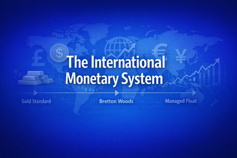 Professional finance illustration representing The International Monetary System: Gold Standard, Bretton Woods & Managed Float