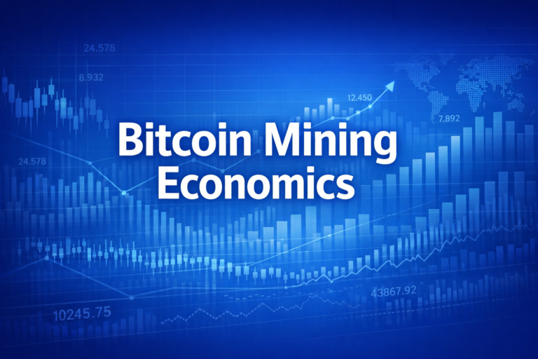 Professional finance illustration representing Bitcoin Mining Economics: Hardware, Pools & Profitability