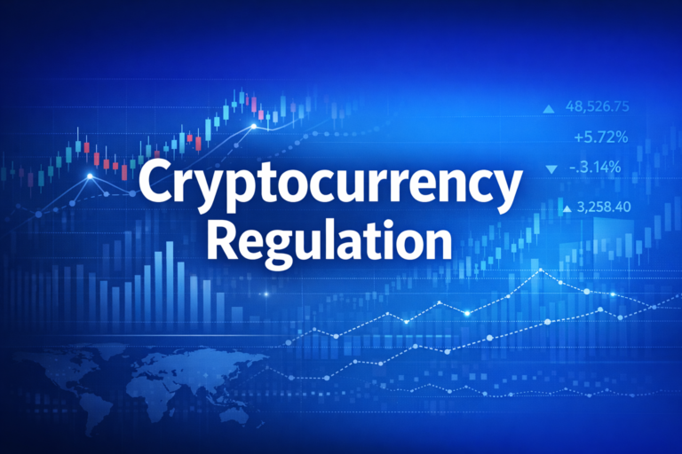 Professional finance illustration representing Cryptocurrency Regulation: Securities Law, Taxation & Global Frameworks