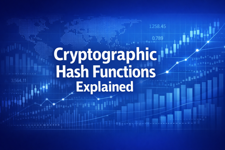 Professional finance illustration representing Cryptographic Hash Functions Explained: The Building Blocks of Blockchain