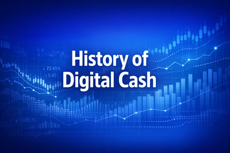 Professional finance illustration representing History of Digital Cash: From DigiCash to Bitcoin