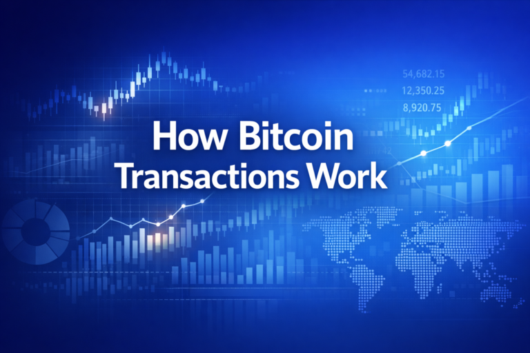 Professional finance illustration representing How Bitcoin Transactions Work: UTXOs, Scripts & the Blockchain