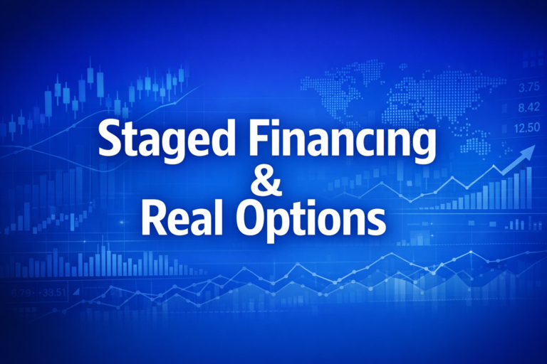 Professional finance illustration representing Staged Financing & Real Options: How Milestones Affect Startup Valuation