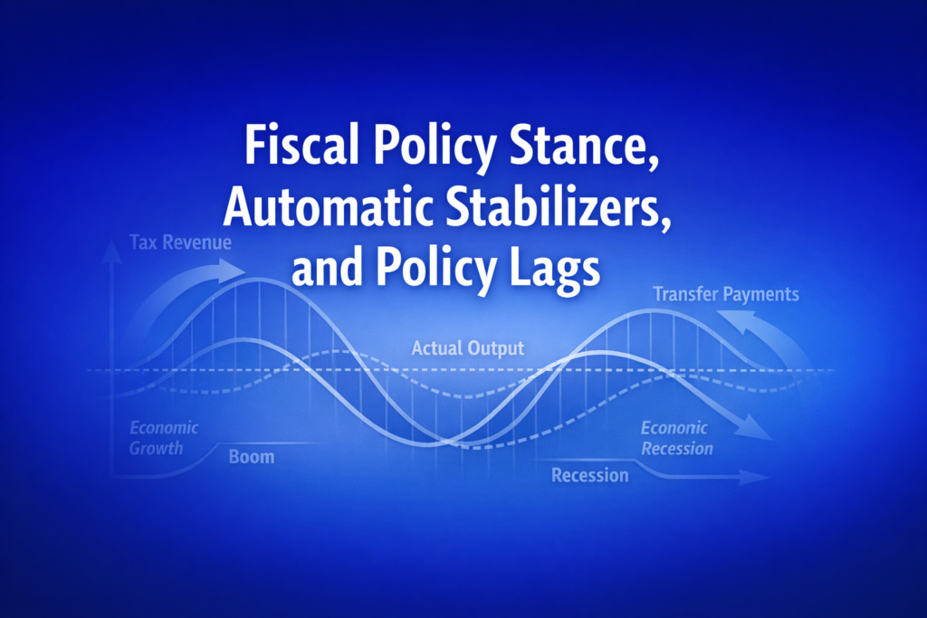 Professional finance illustration representing Fiscal Policy Stance, Automatic Stabilizers, and Policy Lags