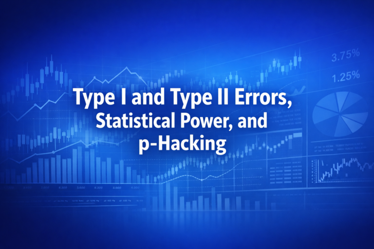 Professional finance illustration representing Type I and Type II Errors, Statistical Power, and p-Hacking