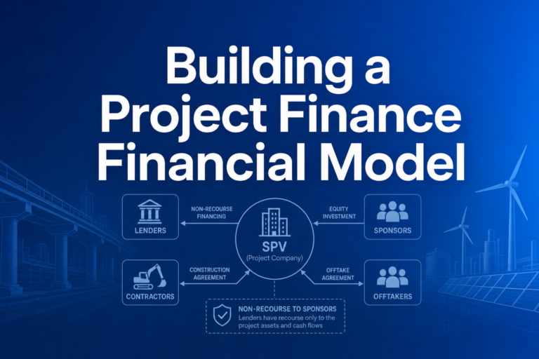 Professional finance illustration representing Building a Project Finance Financial Model: Structure, Inputs, and Outputs