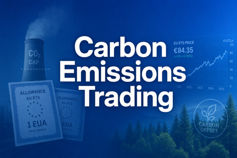 Professional finance illustration representing Carbon Emissions Trading: Cap-and-Trade, EU ETS, and Carbon Markets