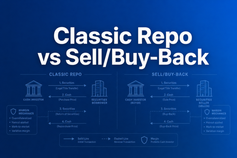 Professional finance illustration representing Classic Repo vs Sell/Buy-Back: Legal Structure, Pricing & Trade Mechanics