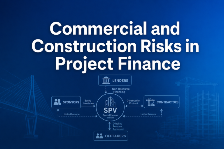 Professional finance illustration representing Commercial and Construction Risks in Project Finance