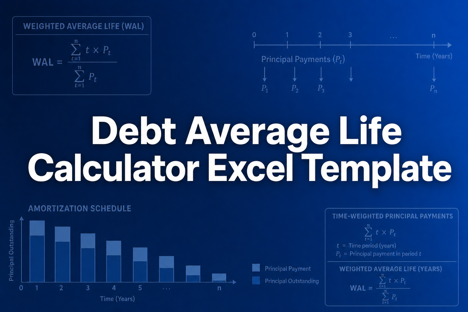Debt Average Life Calculator Excel Template cover with weighted average life formula and amortization schedule