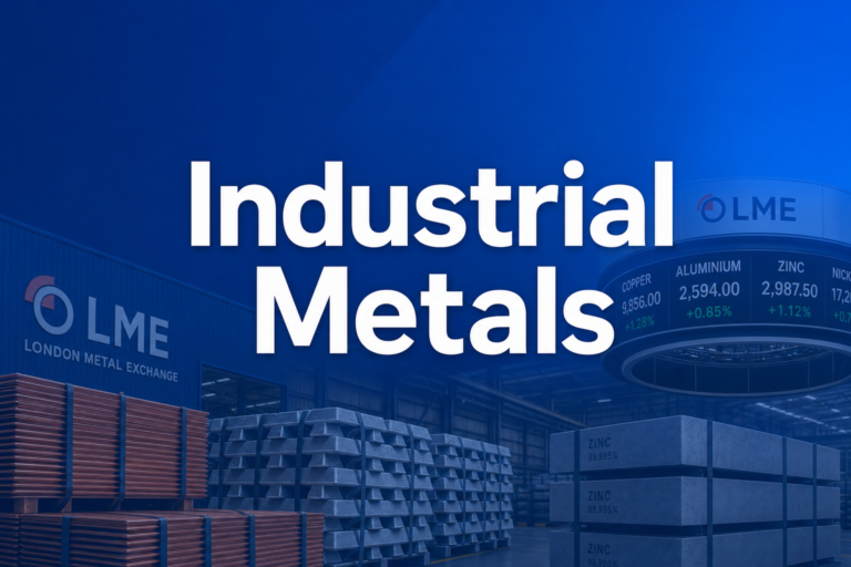 Professional finance illustration representing Industrial Metals: Copper, Aluminum & Base Metals Markets