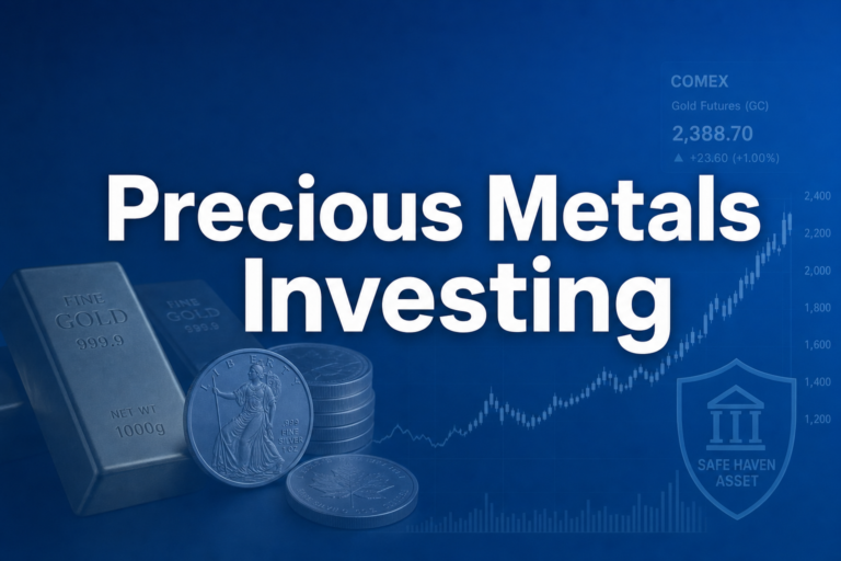 Professional finance illustration representing Precious Metals Investing: Gold, Silver, Platinum as Portfolio Assets