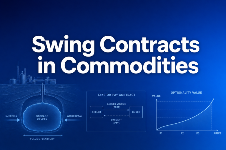 Professional finance illustration representing Swing Contracts in Commodities: Take-or-Pay, Volume Flexibility and Valuation